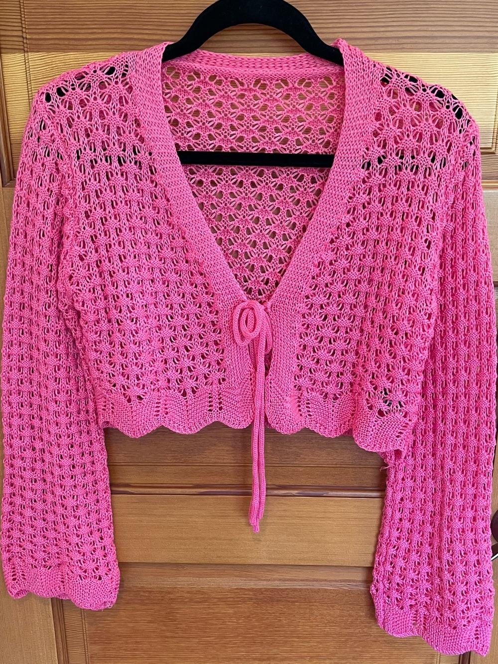 SHEIN Watermelon-Pink Crochet Tie-Front Cropped Cardigan - NWOT - Medium